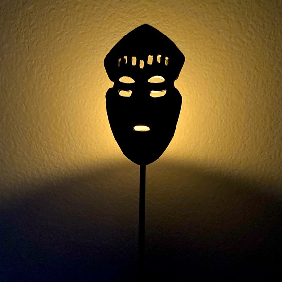 African Mask Votive Candle Holder on Metal & Wood Stand - Picture 5 of 6